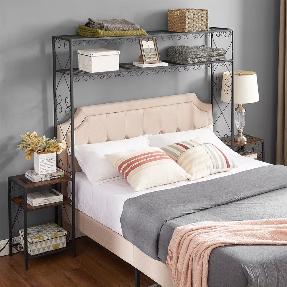 Queen Size Metal Storage Headboard,with Charging Stations,2 Nightstands And Storage Shelves,for Bedroom